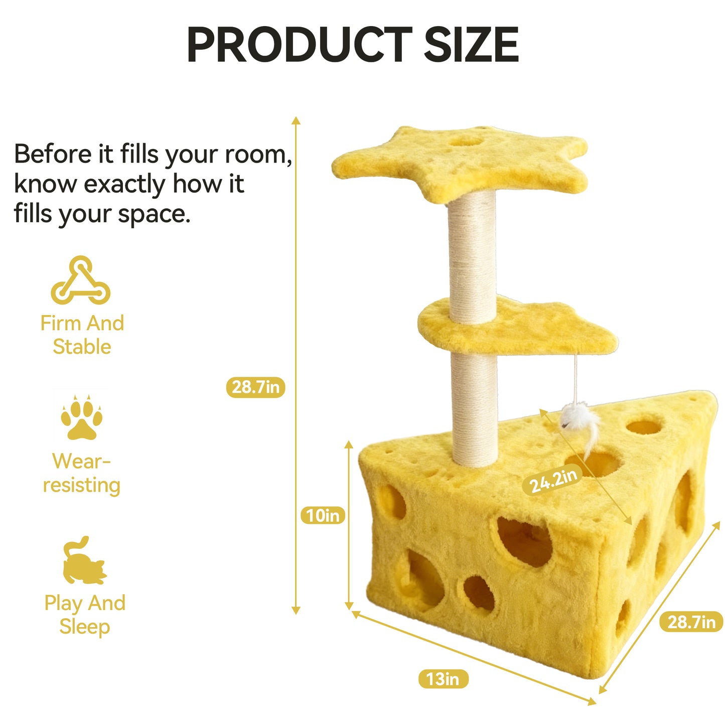 Newget Multi-Functional Cheese Shaped Tower Sisal Scratching Surface Hideout Holes Rest Nest Sturdy Furniture Triangle Base Plush Cat Tree