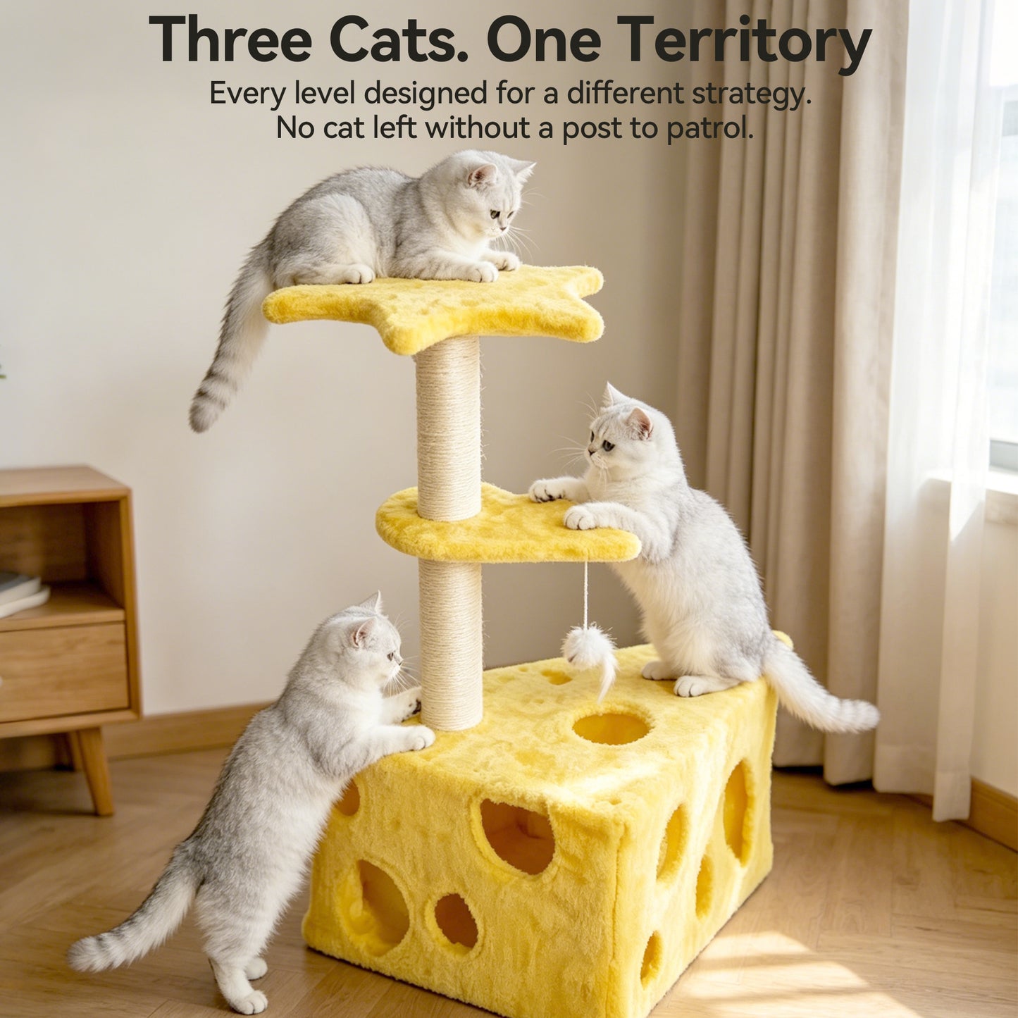 Newget Multi-Functional Cheese Shaped Tower Sisal Scratching Surface Hideout Holes Rest Nest Sturdy Furniture Triangle Base Plush Cat Tree