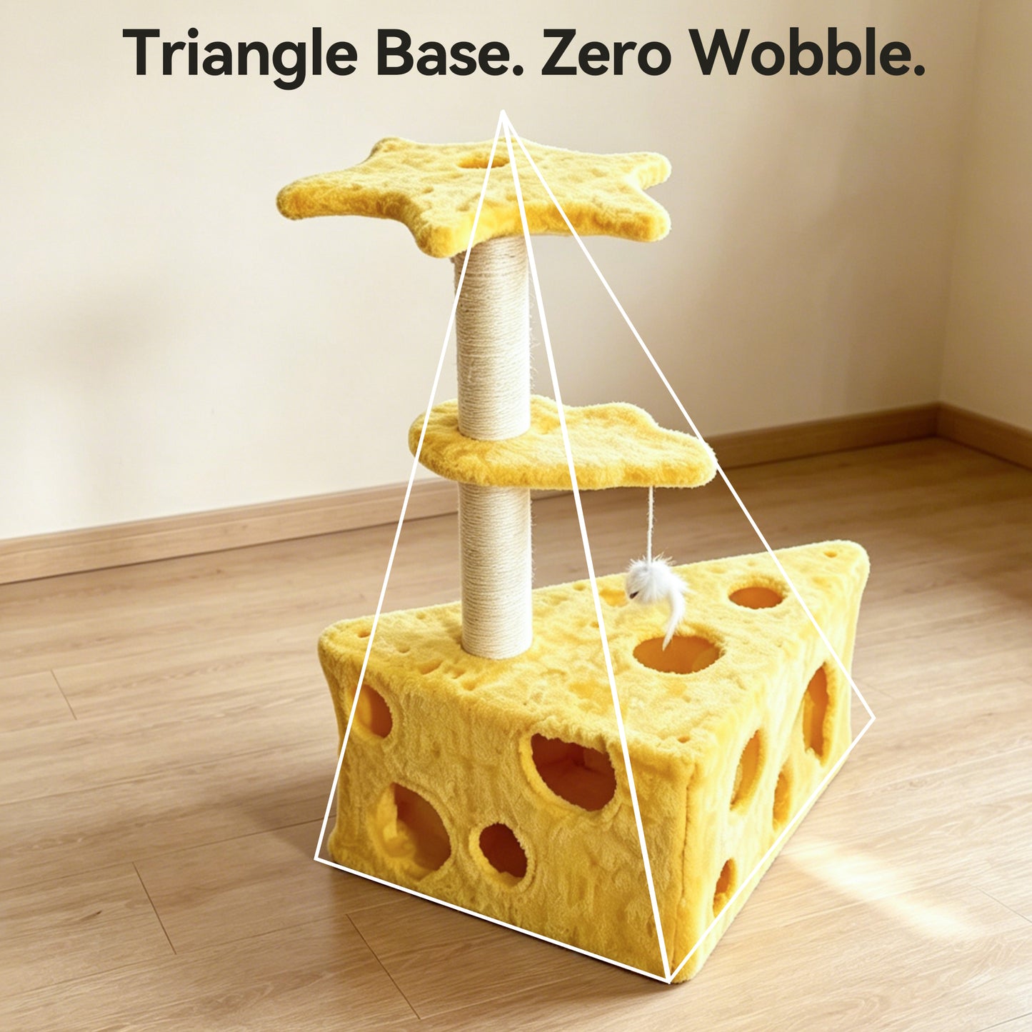 Newget Multi-Functional Cheese Shaped Tower Sisal Scratching Surface Hideout Holes Rest Nest Sturdy Furniture Triangle Base Plush Cat Tree