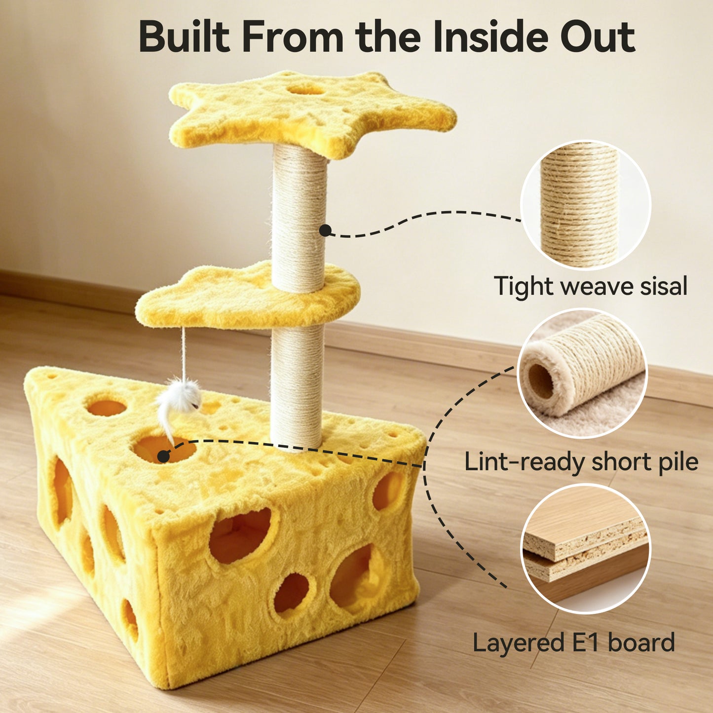 Newget Multi-Functional Cheese Shaped Tower Sisal Scratching Surface Hideout Holes Rest Nest Sturdy Furniture Triangle Base Plush Cat Tree