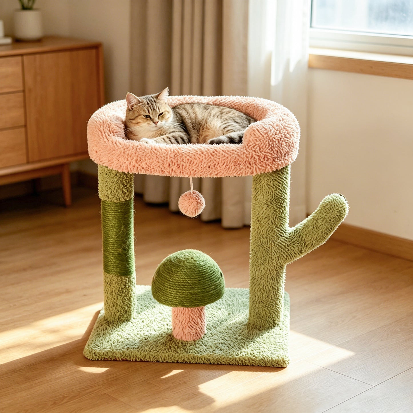 Newget Multi-Level Indoor Cactus & Mushroom Shaped Tower Sturdy Base Soft Plush Top Bed Cat Tree with Sisal Scratching Post & Interactive Ball