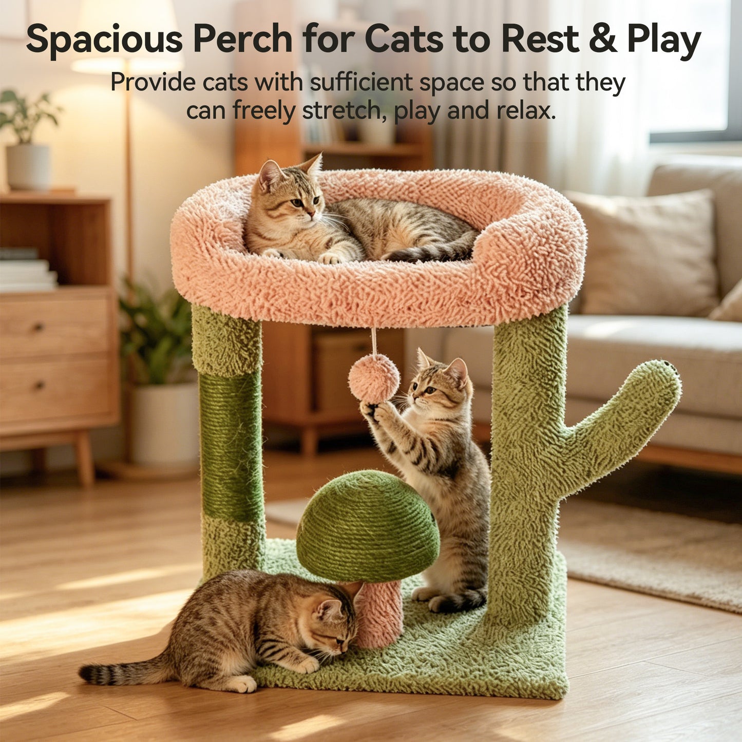 Newget Multi-Level Indoor Cactus & Mushroom Shaped Tower Sturdy Base Soft Plush Top Bed Cat Tree with Sisal Scratching Post & Interactive Ball