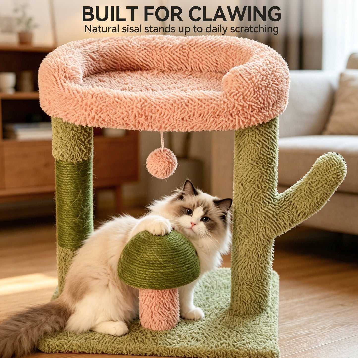Newget Multi-Level Indoor Cactus & Mushroom Shaped Tower Sturdy Base Soft Plush Top Bed Cat Tree with Sisal Scratching Post & Interactive Ball