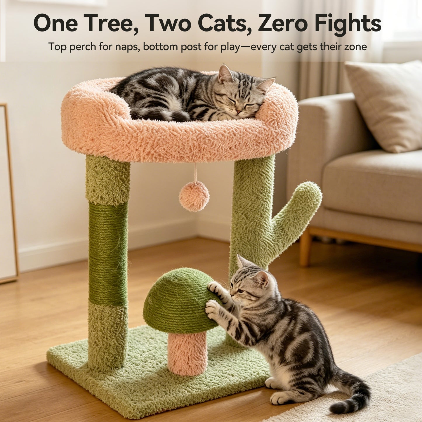 Newget Multi-Level Indoor Cactus & Mushroom Shaped Tower Sturdy Base Soft Plush Top Bed Cat Tree with Sisal Scratching Post & Interactive Ball