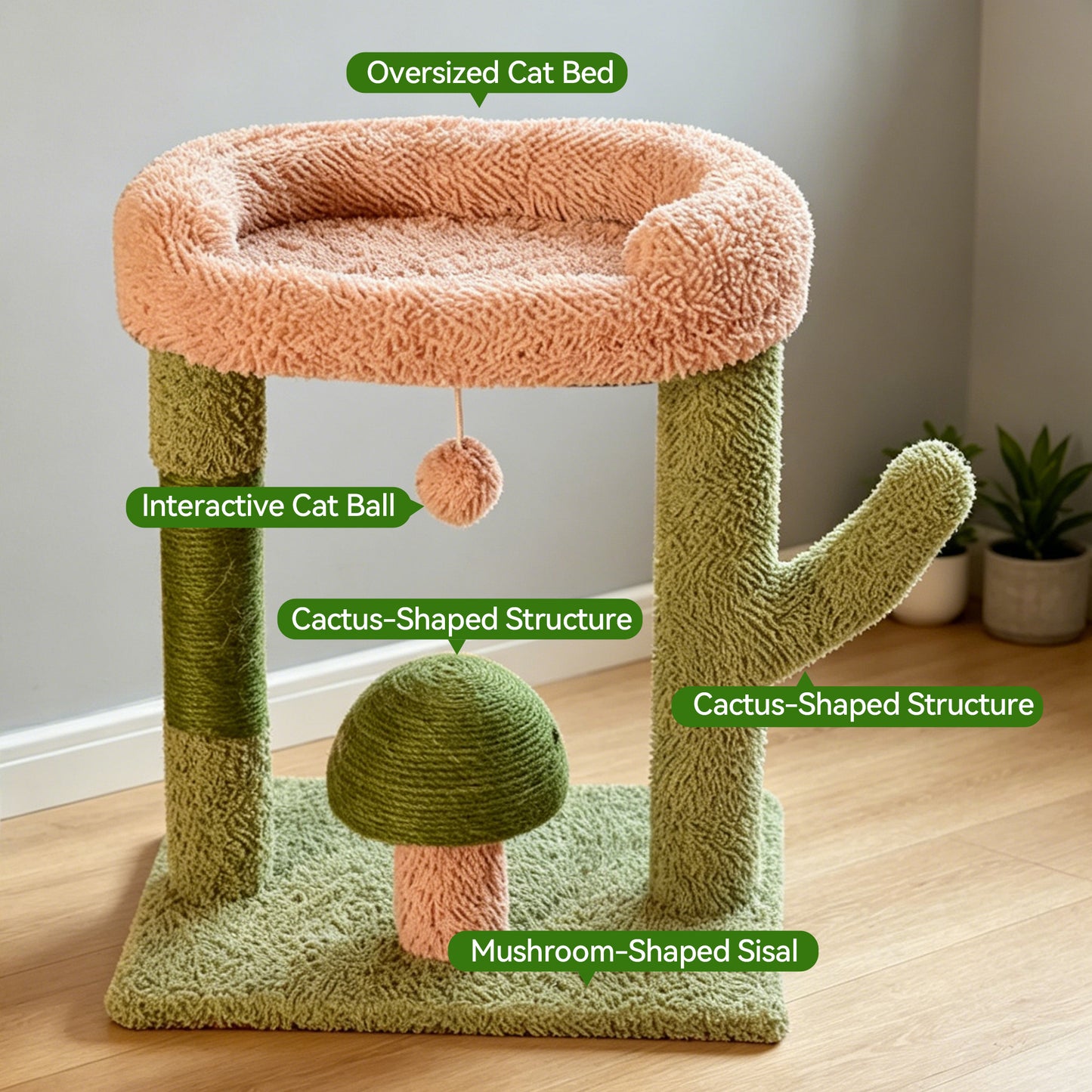Newget Multi-Level Indoor Cactus & Mushroom Shaped Tower Sturdy Base Soft Plush Top Bed Cat Tree with Sisal Scratching Post & Interactive Ball