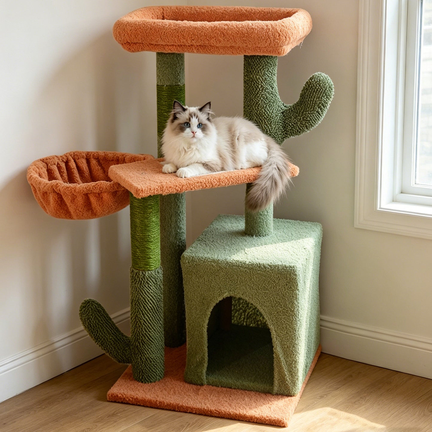 Newget 4-Tier Indoor Activity Multi-Level Climbing Furniture Cactus Shaped Plush Cat Tree with Nest, Sisal Scratching Post & Hammock Tower