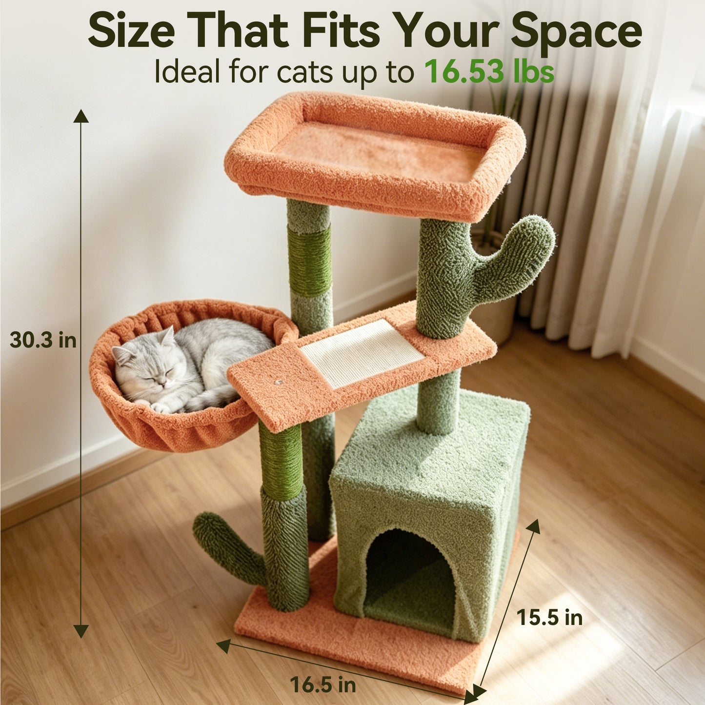 Newget 4-Tier Indoor Activity Multi-Level Climbing Furniture Cactus Shaped Plush Cat Tree with Nest, Sisal Scratching Post & Hammock Tower