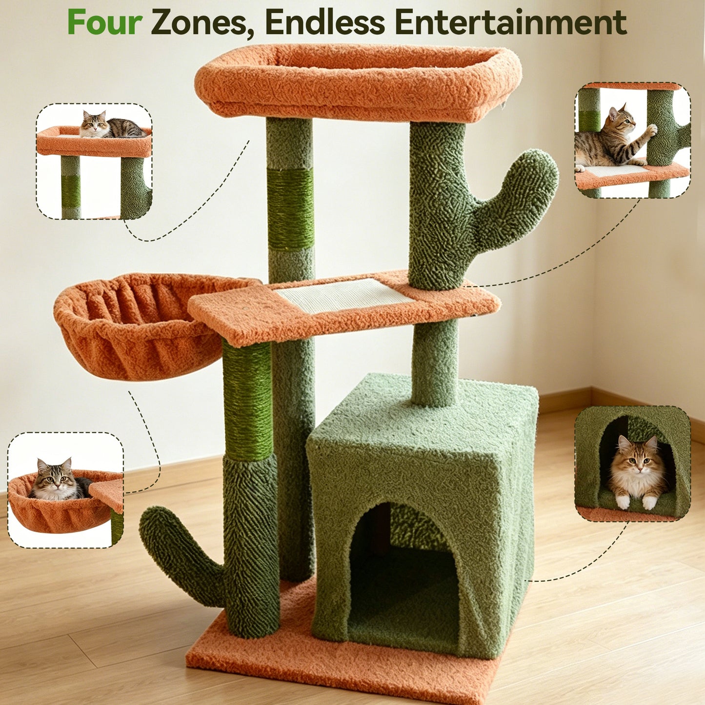 Newget 4-Tier Indoor Activity Multi-Level Climbing Furniture Cactus Shaped Plush Cat Tree with Nest, Sisal Scratching Post & Hammock Tower