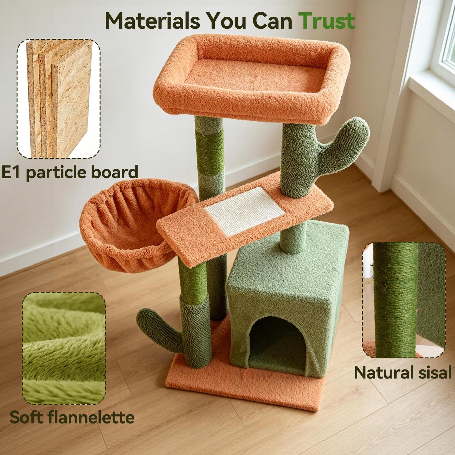 Newget 4-Tier Indoor Activity Multi-Level Climbing Furniture Cactus Shaped Plush Cat Tree with Nest, Sisal Scratching Post & Hammock Tower