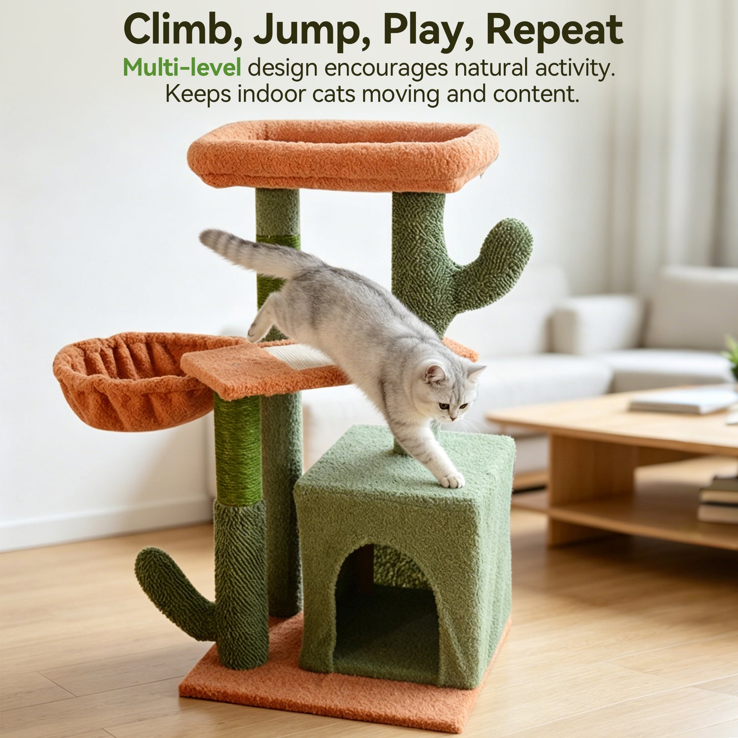 Newget 4-Tier Indoor Activity Multi-Level Climbing Furniture Cactus Shaped Plush Cat Tree with Nest, Sisal Scratching Post & Hammock Tower