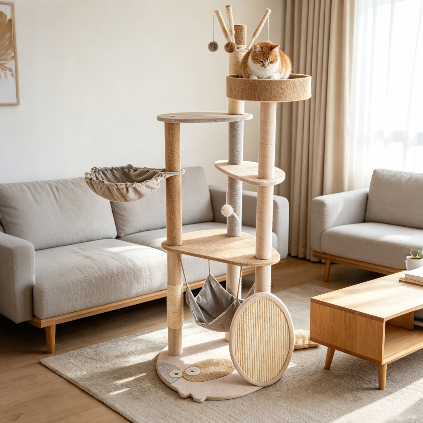 Newget Multi-Level Luxury Calico Pattern Extended Platform 58-in Tower Dangling Ball Plush Cat Tree with Sisal Scratching Post