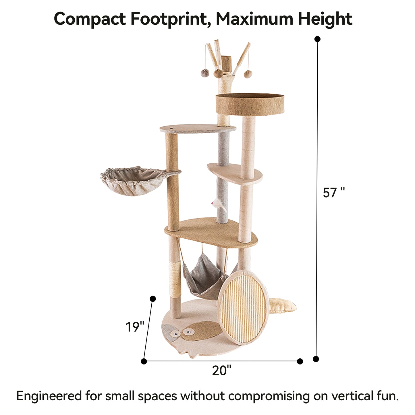 Newget Multi-Level Luxury Calico Pattern Extended Platform 58-in Tower Dangling Ball Plush Cat Tree with Sisal Scratching Post