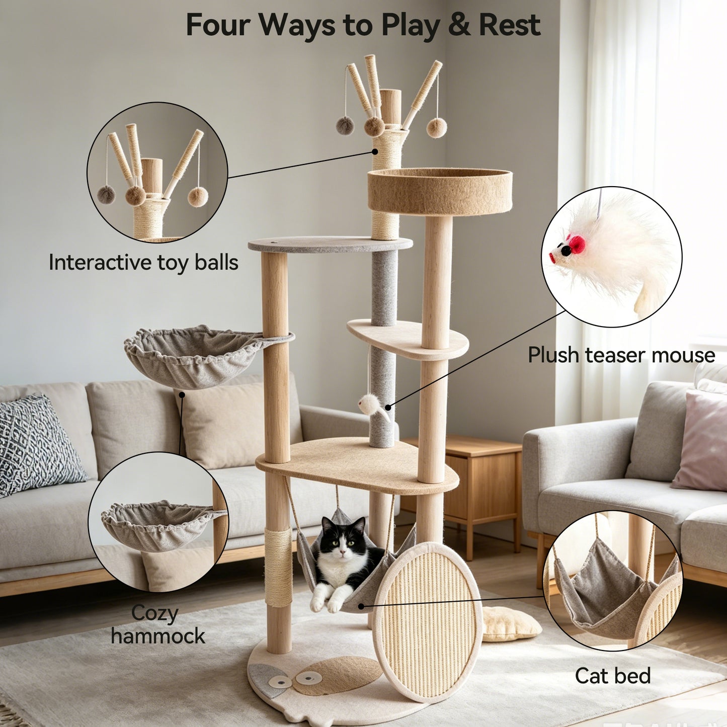 Newget Multi-Level Luxury Calico Pattern Extended Platform 58-in Tower Dangling Ball Plush Cat Tree with Sisal Scratching Post