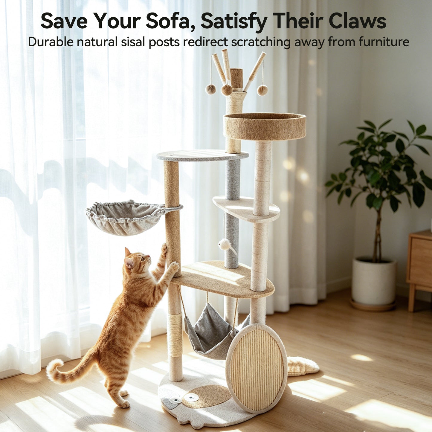 Newget Multi-Level Luxury Calico Pattern Extended Platform 58-in Tower Dangling Ball Plush Cat Tree with Sisal Scratching Post