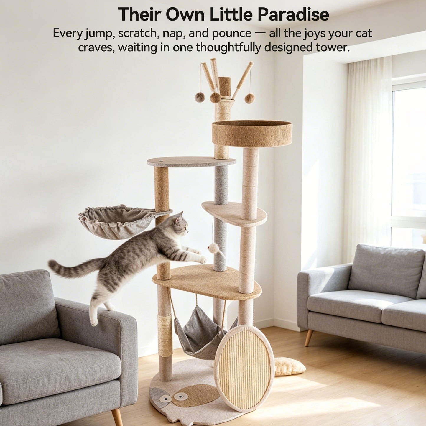 Newget Multi-Level Luxury Calico Pattern Extended Platform 58-in Tower Dangling Ball Plush Cat Tree with Sisal Scratching Post