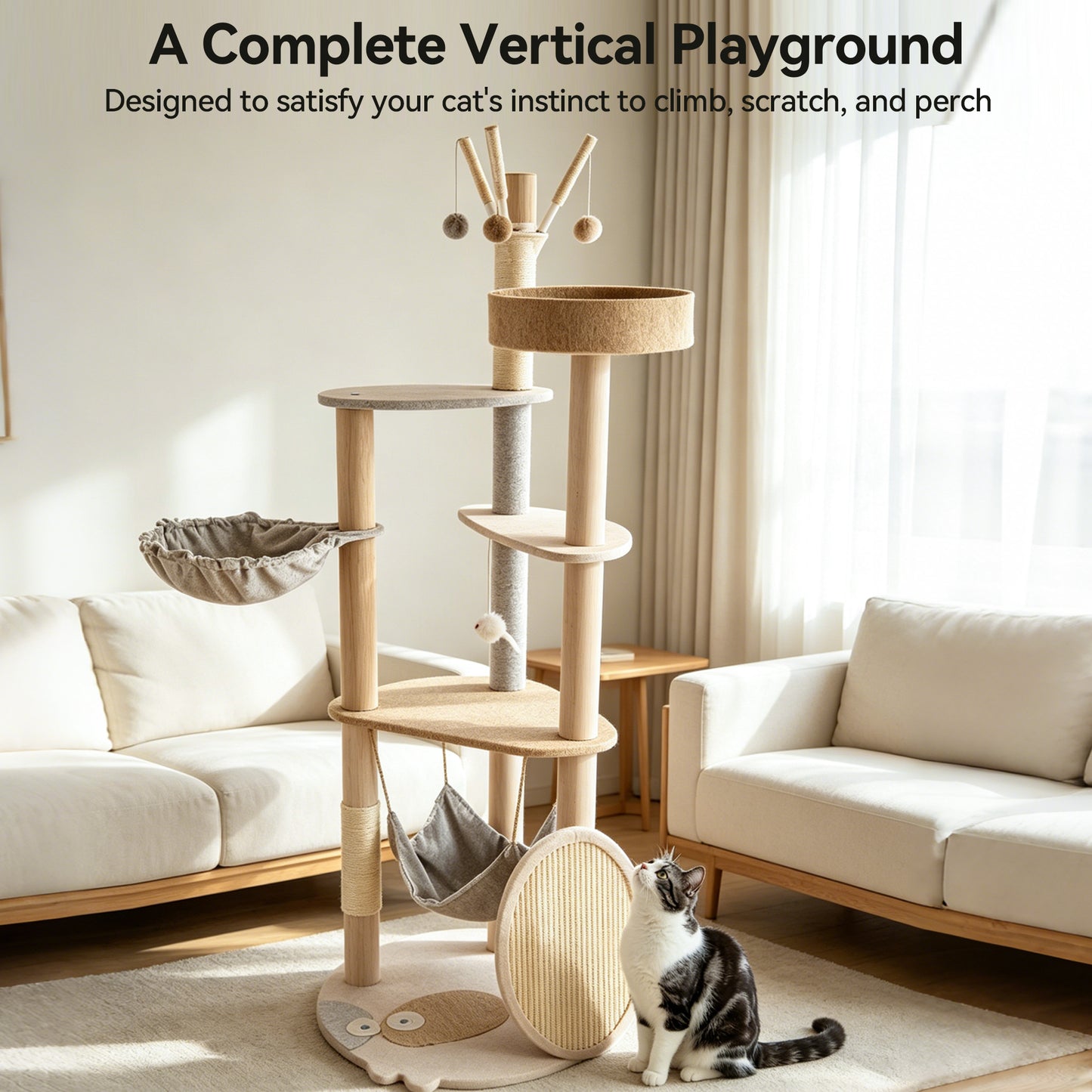 Newget Multi-Level Luxury Calico Pattern Extended Platform 58-in Tower Dangling Ball Plush Cat Tree with Sisal Scratching Post