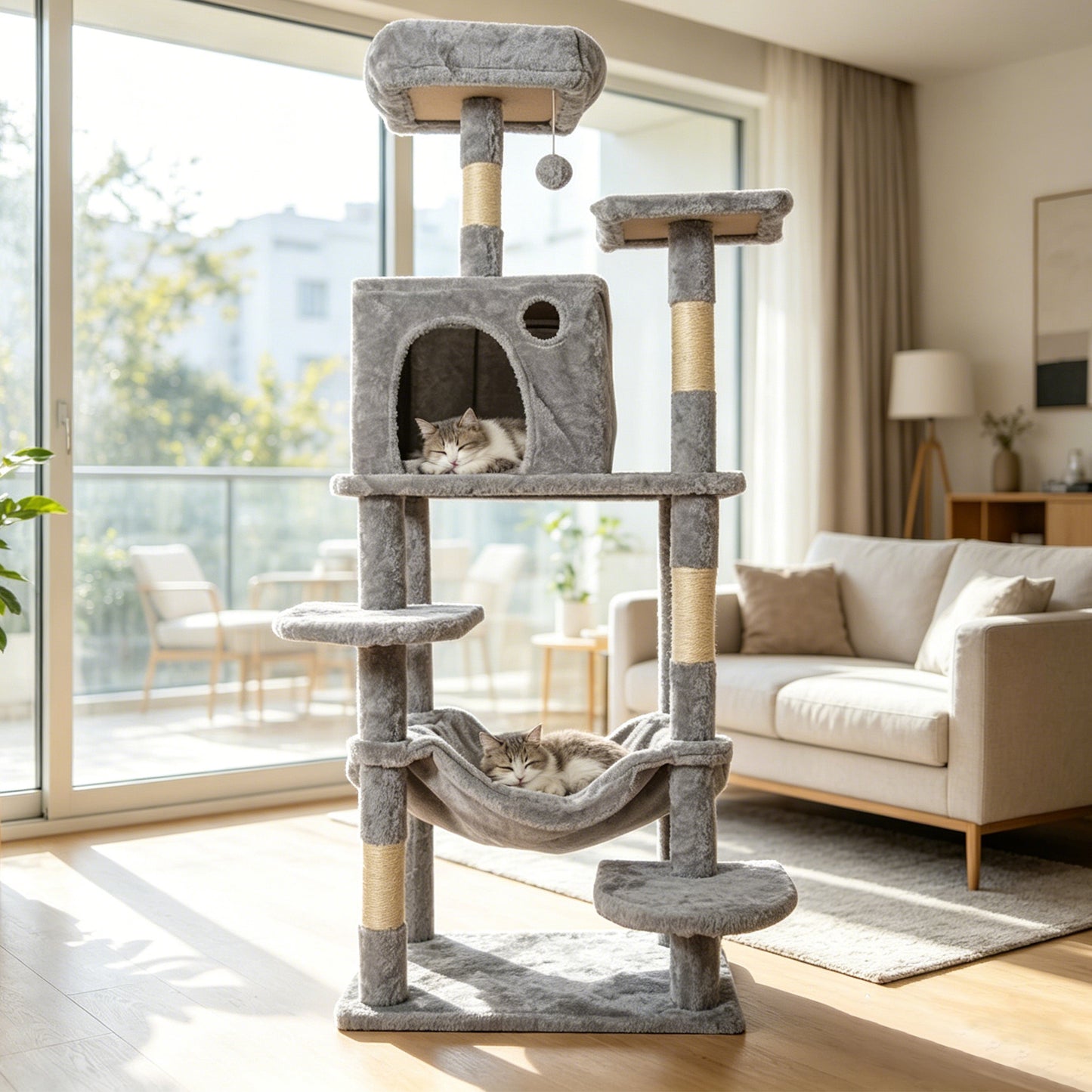 Newget Multi-Level Indoor Furniture Boat Shaped Interactive Toy Ball Plush Rest Bed Cat Tree with Sisal Scratching Post