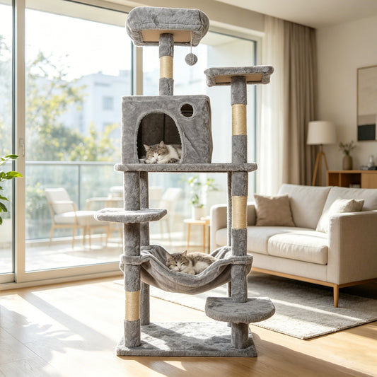 Newget Multi-Level Indoor Furniture Boat Shaped Interactive Toy Ball Plush Rest Bed Cat Tree with Sisal Scratching Post