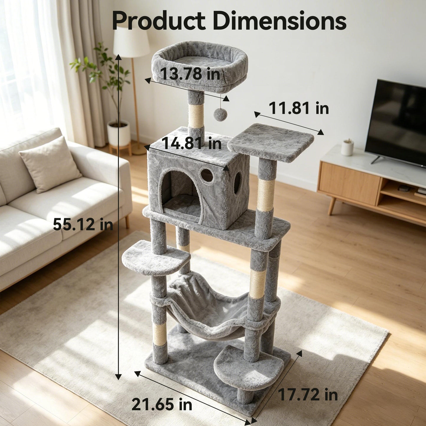 Newget Multi-Level Indoor Furniture Boat Shaped Interactive Toy Ball Plush Rest Bed Cat Tree with Sisal Scratching Post