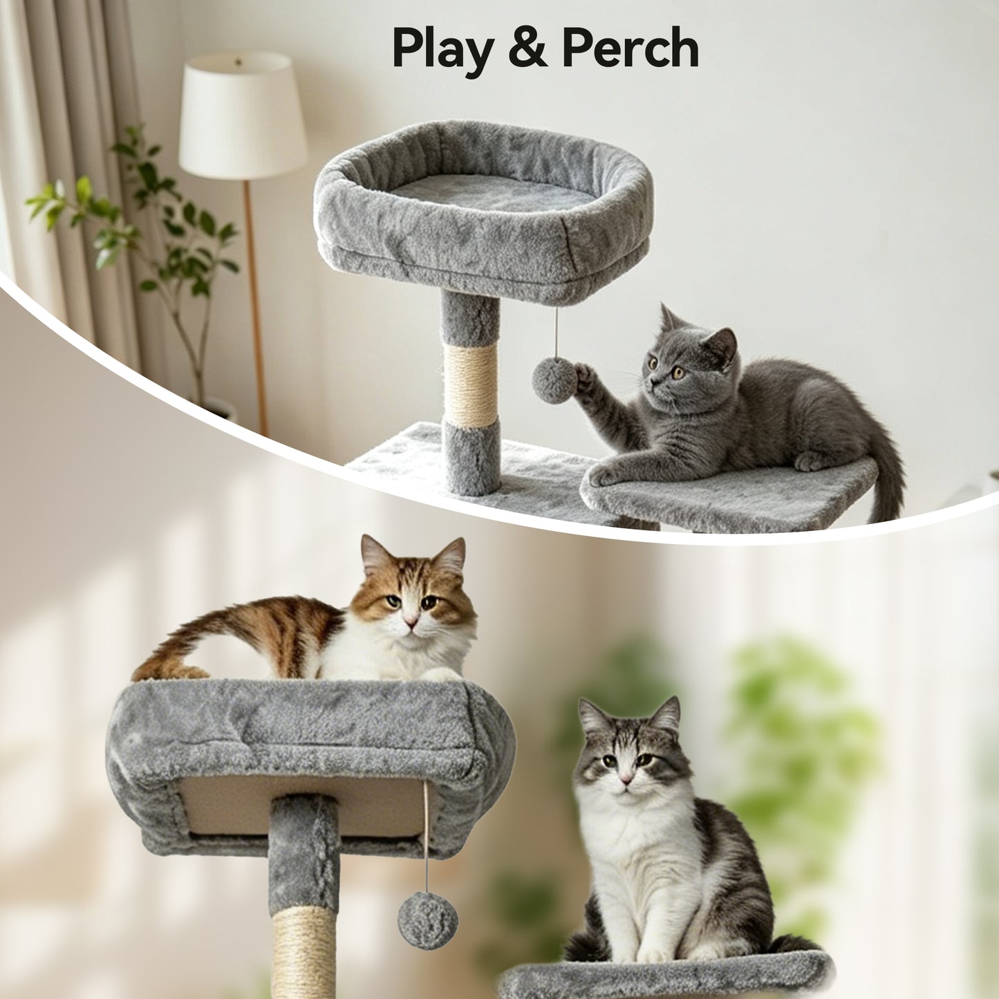 Newget Multi-Level Indoor Furniture Boat Shaped Interactive Toy Ball Plush Rest Bed Cat Tree with Sisal Scratching Post