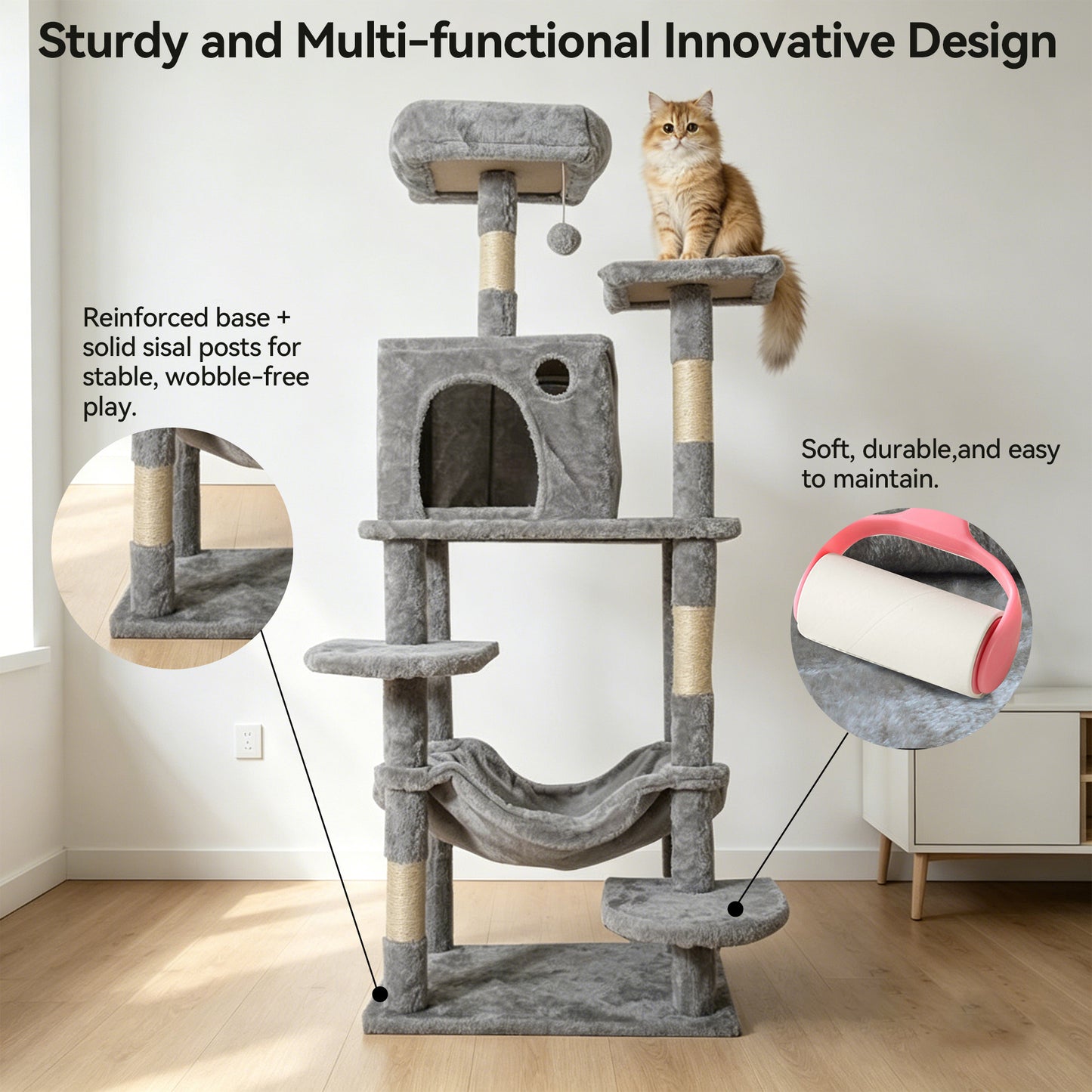 Newget Multi-Level Indoor Furniture Boat Shaped Interactive Toy Ball Plush Rest Bed Cat Tree with Sisal Scratching Post