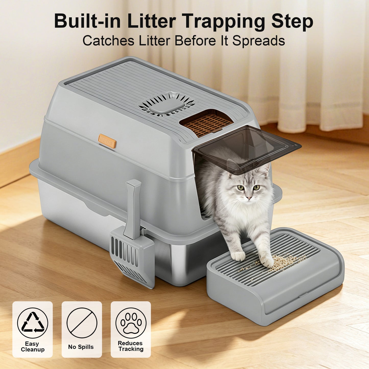 Newget Convertible Open & Closed Design Pan with High Spill Proof Fence Covered Cat Litter Box