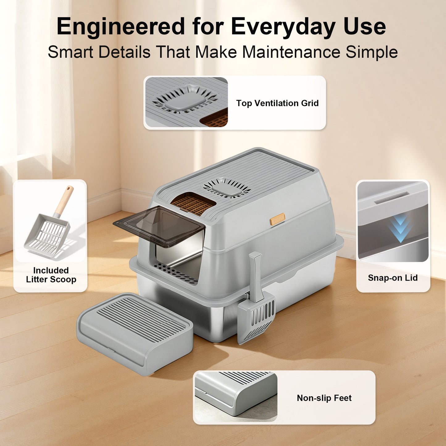Newget Convertible Open & Closed Design Pan with High Spill Proof Fence Covered Cat Litter Box