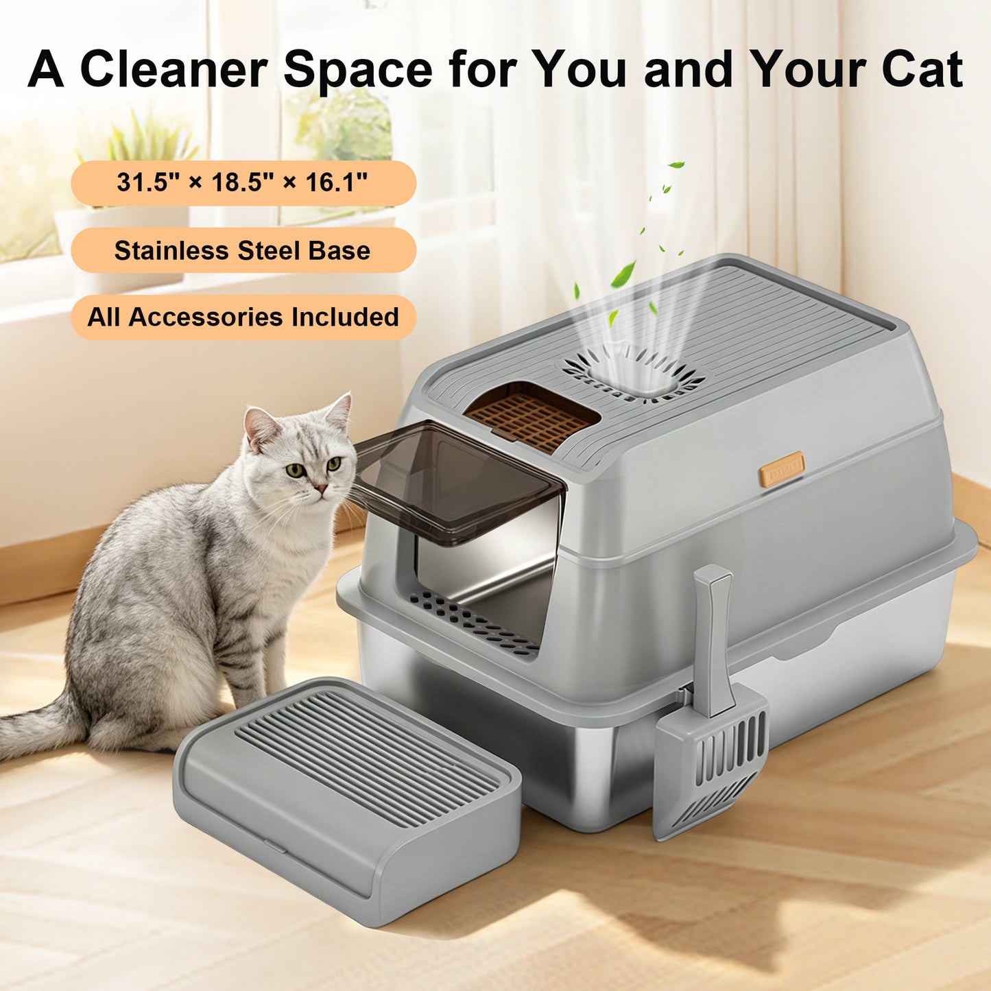 Newget Convertible Open & Closed Design Pan with High Spill Proof Fence Covered Cat Litter Box