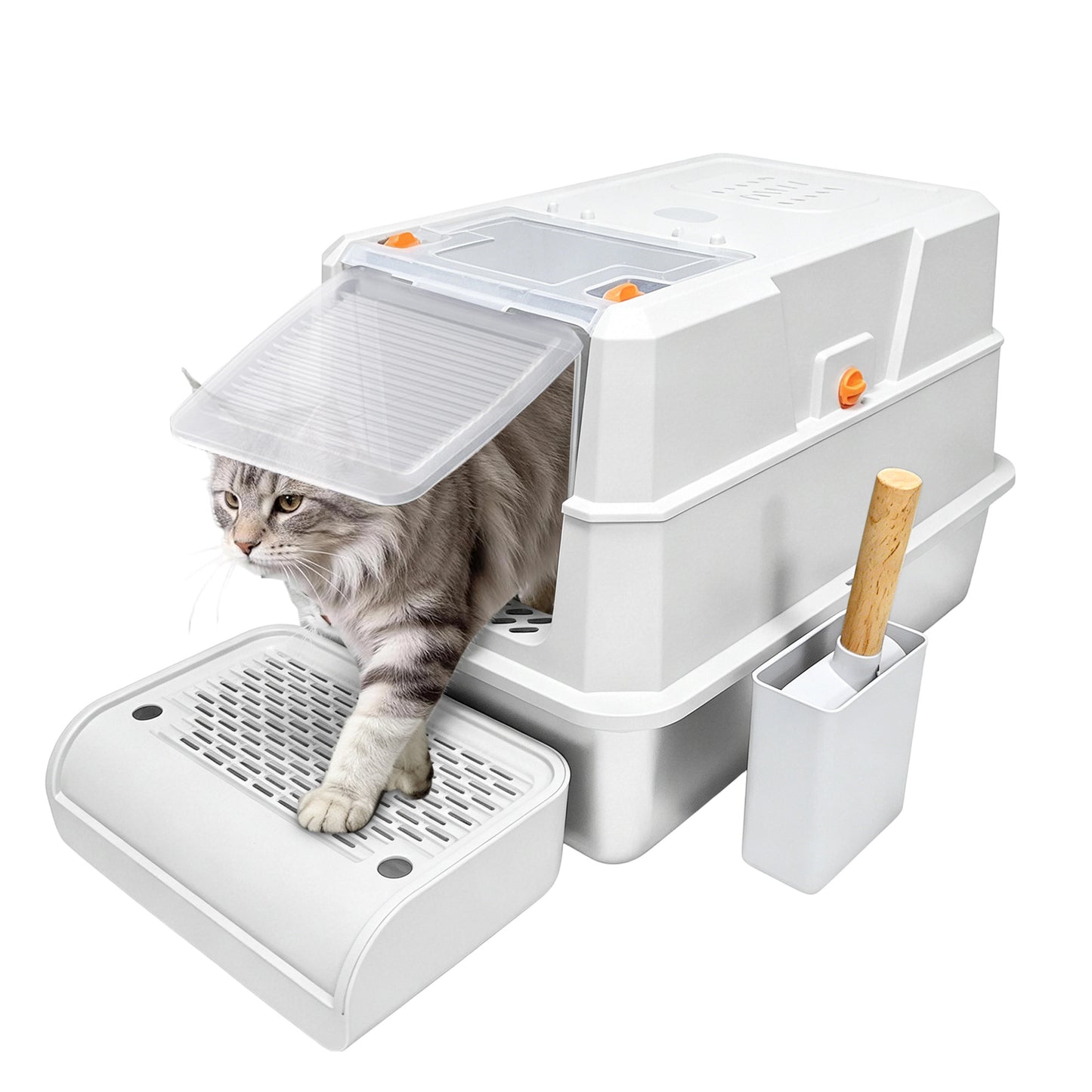 Newget Oval Enclosed Stainless Steel Transparent Front Door with Deodorant Bag Covered Cat Litter Box