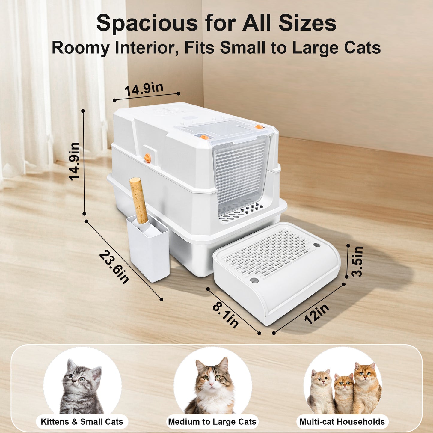 Newget Oval Enclosed Stainless Steel Transparent Front Door with Deodorant Bag Covered Cat Litter Box