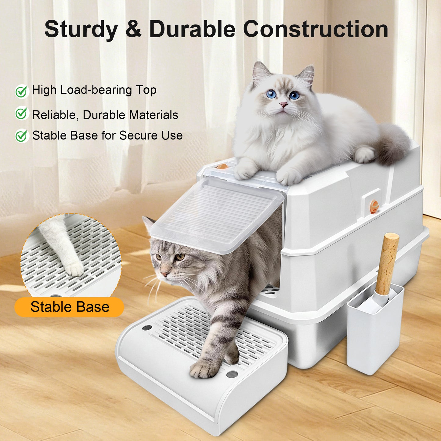 Newget Oval Enclosed Stainless Steel Transparent Front Door with Deodorant Bag Covered Cat Litter Box