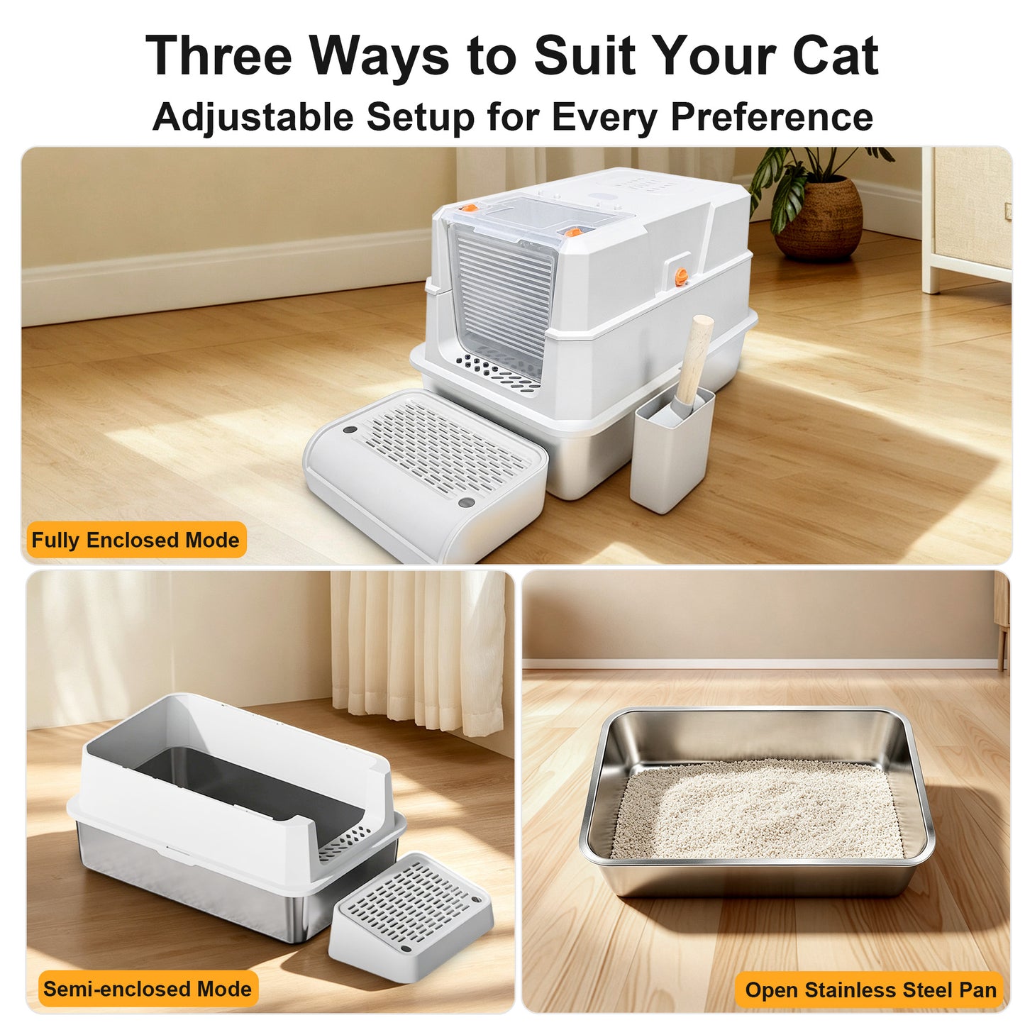 Newget Oval Enclosed Stainless Steel Transparent Front Door with Deodorant Bag Covered Cat Litter Box