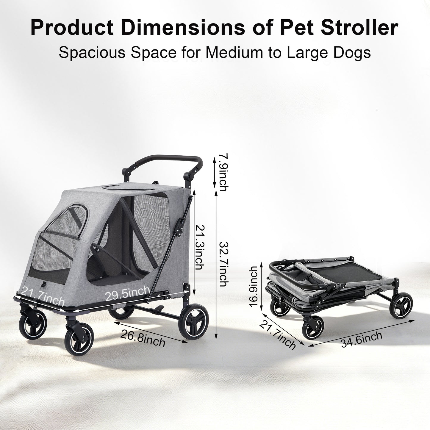 Twinsing Dog Stroller with Adjustable Handles & Foldable Travel Cart, Grey