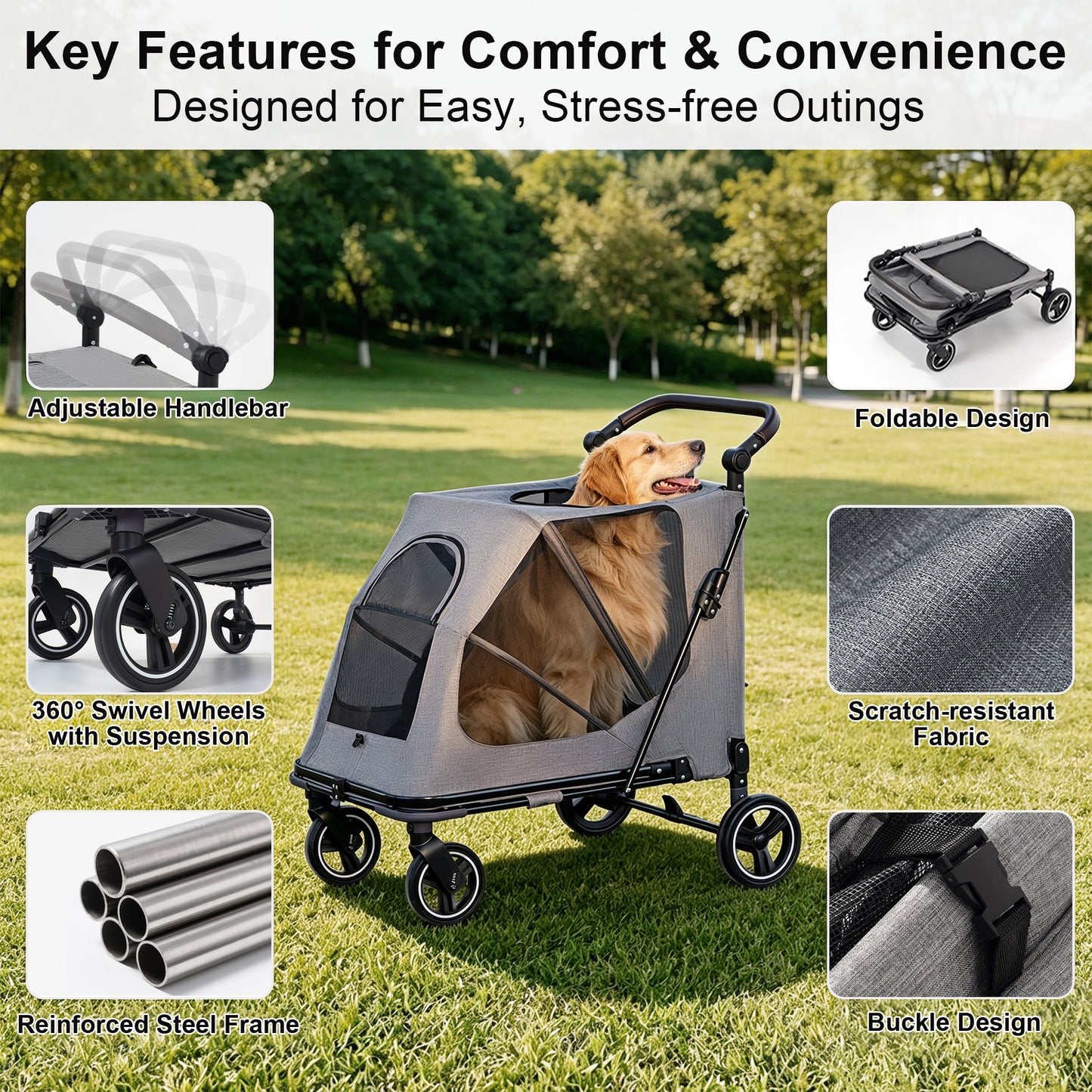 Twinsing Dog Stroller with Adjustable Handles & Foldable Travel Cart, Grey