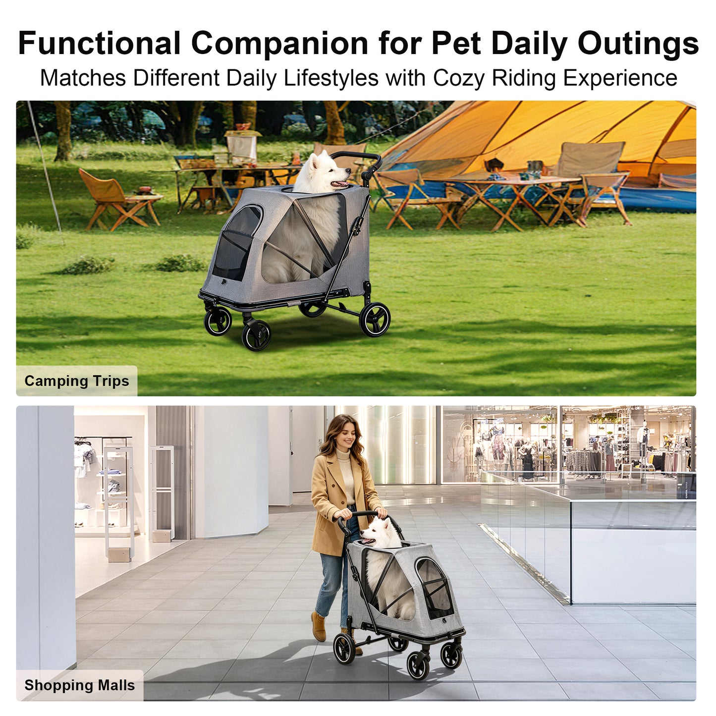Twinsing Dog Stroller with Adjustable Handles & Foldable Travel Cart, Grey