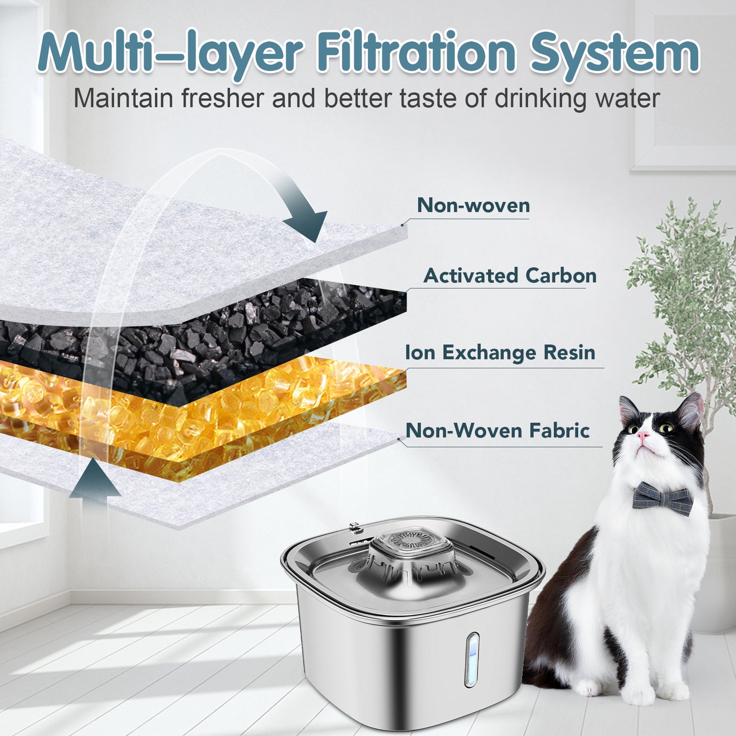 UPSKY Cat Fountain Stainless Steel 100 oz/3 L Cat Fountain Suitable for Drinking Pet Fountain Suitable for Cats Indoor Metal Automatic Dog Water Dispenser Cat Feeding with Water Level Window