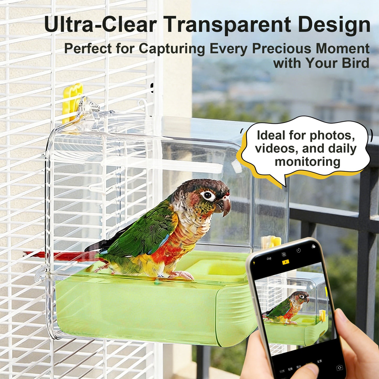 Twinsing Transparent Cage Accessory Plastic Bird Bath Tub with Feeding Station, Green