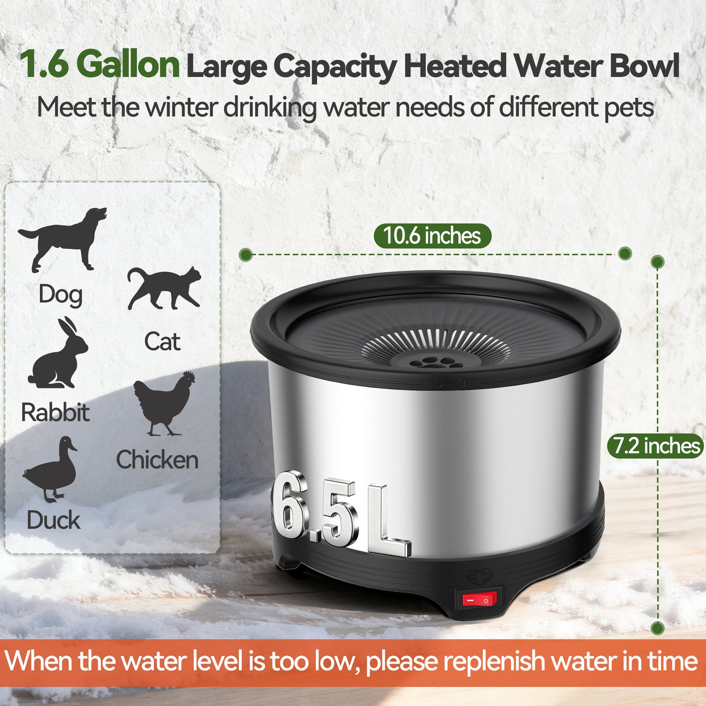 6.5L Heated Water Bowl, Stainless Steel Outdoor Heated Dog Bowl with Anti-Chew Cord, Large Capacity Heated Pet Slow Drinking Dish Provide Warm Water in Winter for Dogs