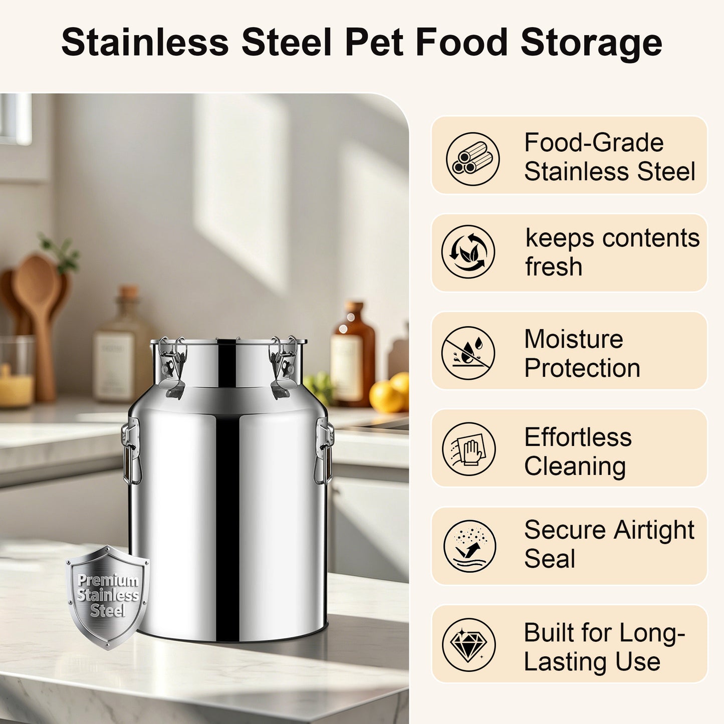 Newget Metal Stainless Steel Dog Food Storage Container with Airtight Hangable Lid, Small: 13-lb