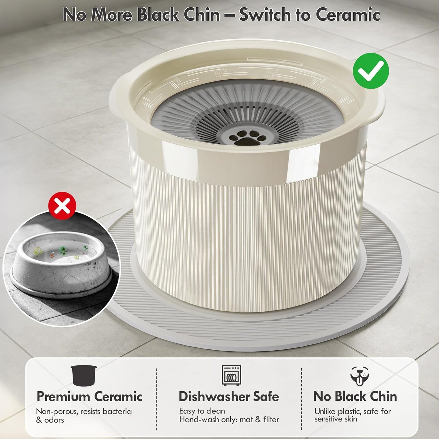 No Spill Ceramic Dog Water Bowl, Large Capacity Slow Drinking Bowl with Floating Disk & Filter, Heavy Duty Anti-Slip Bowl for Small to Medium Dogs, Cats & Multi-Pet Homes Indoor