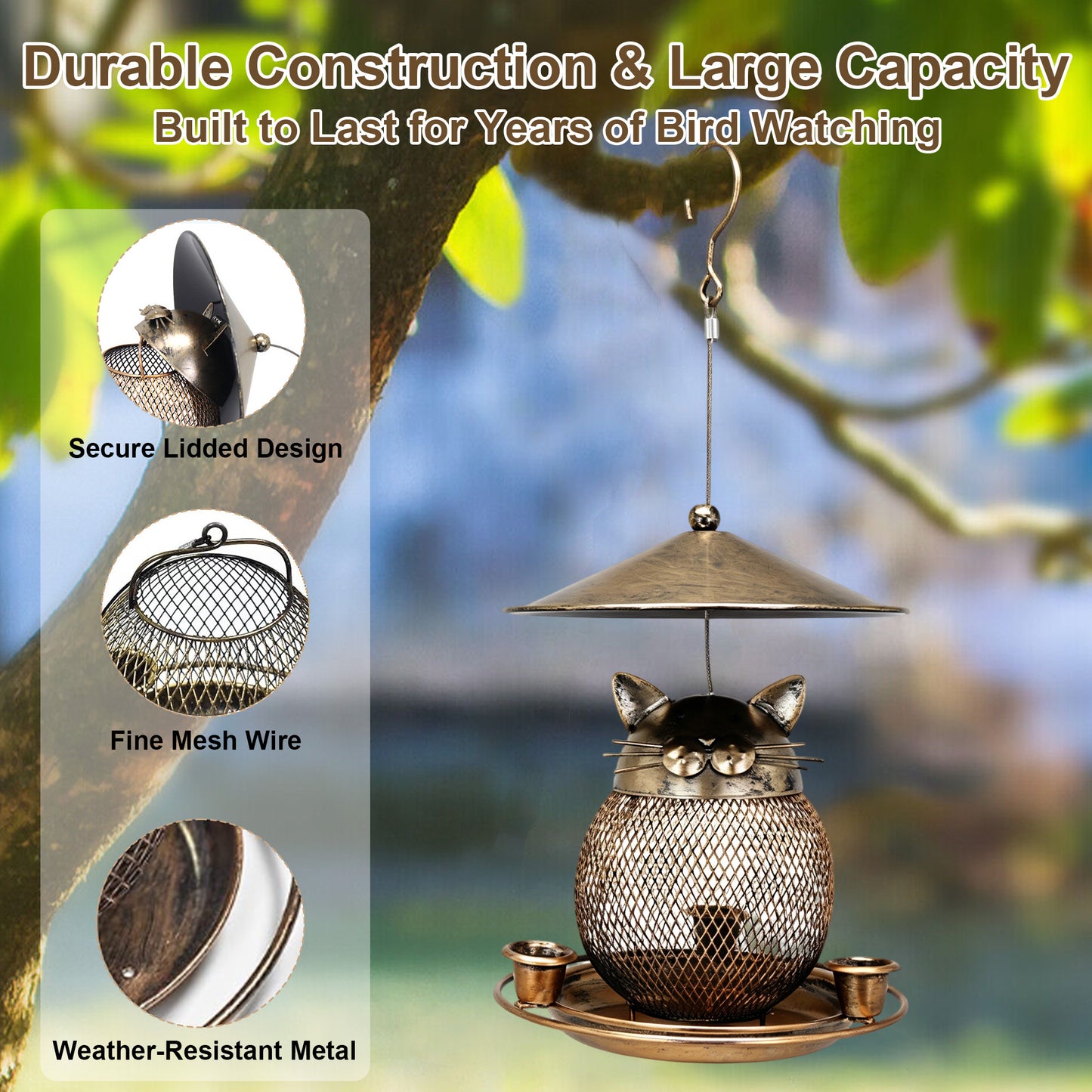 Twinsing Cat Shaped Hanging Outside Garden Yard Metal Bird Feeder, 8-cup