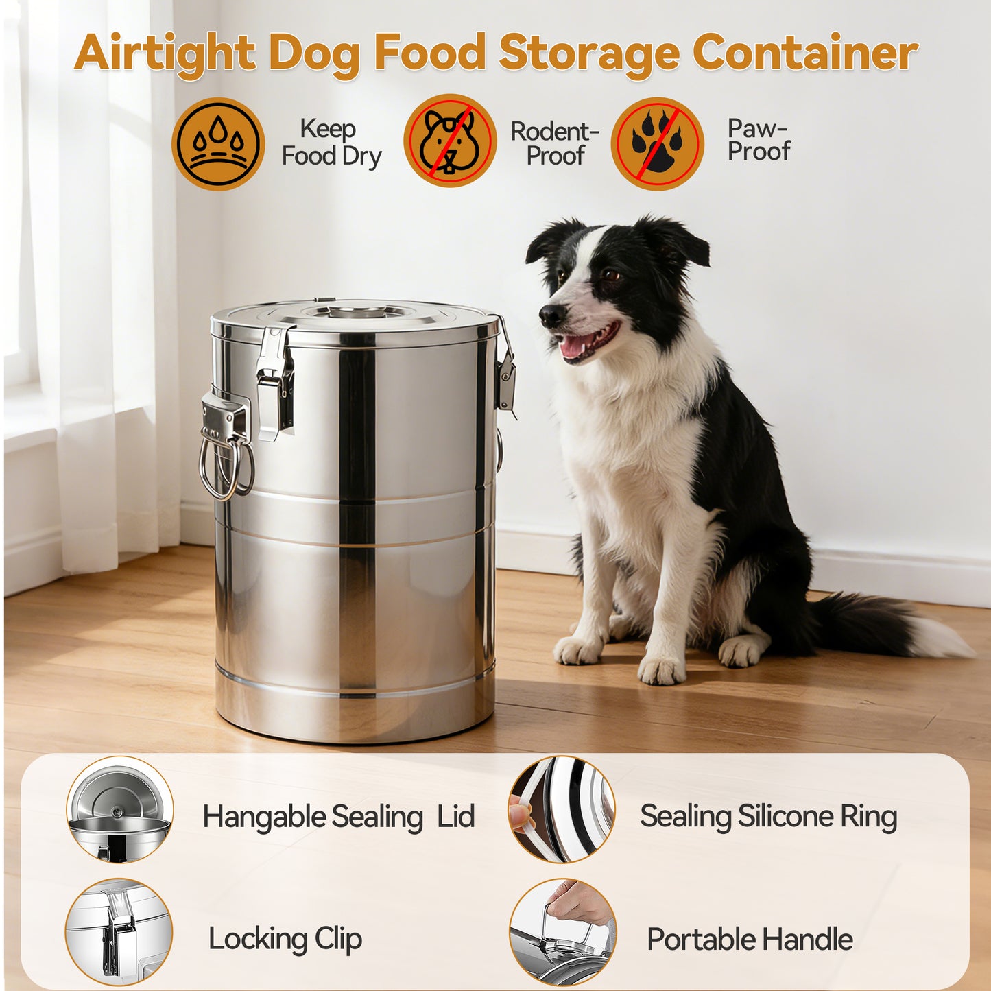 Newget Airtight Metal Container Food Bin with Scoop & Lid Stainless-Steel Dog & Cat Storage, Medium: 35-lbs