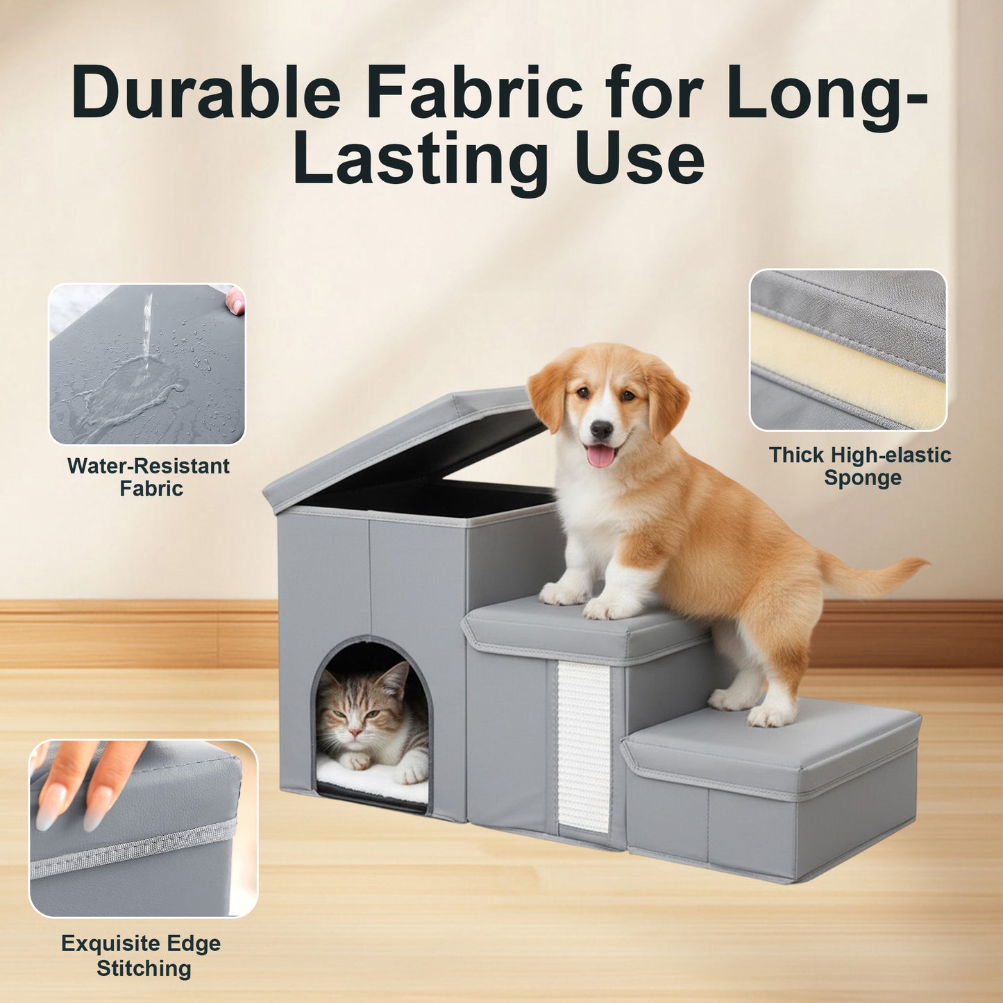 Twinsing 3-in-1 Foldable Collapsible Dog & Cat Stairs with Storage & Bed, Grey, 3 steps