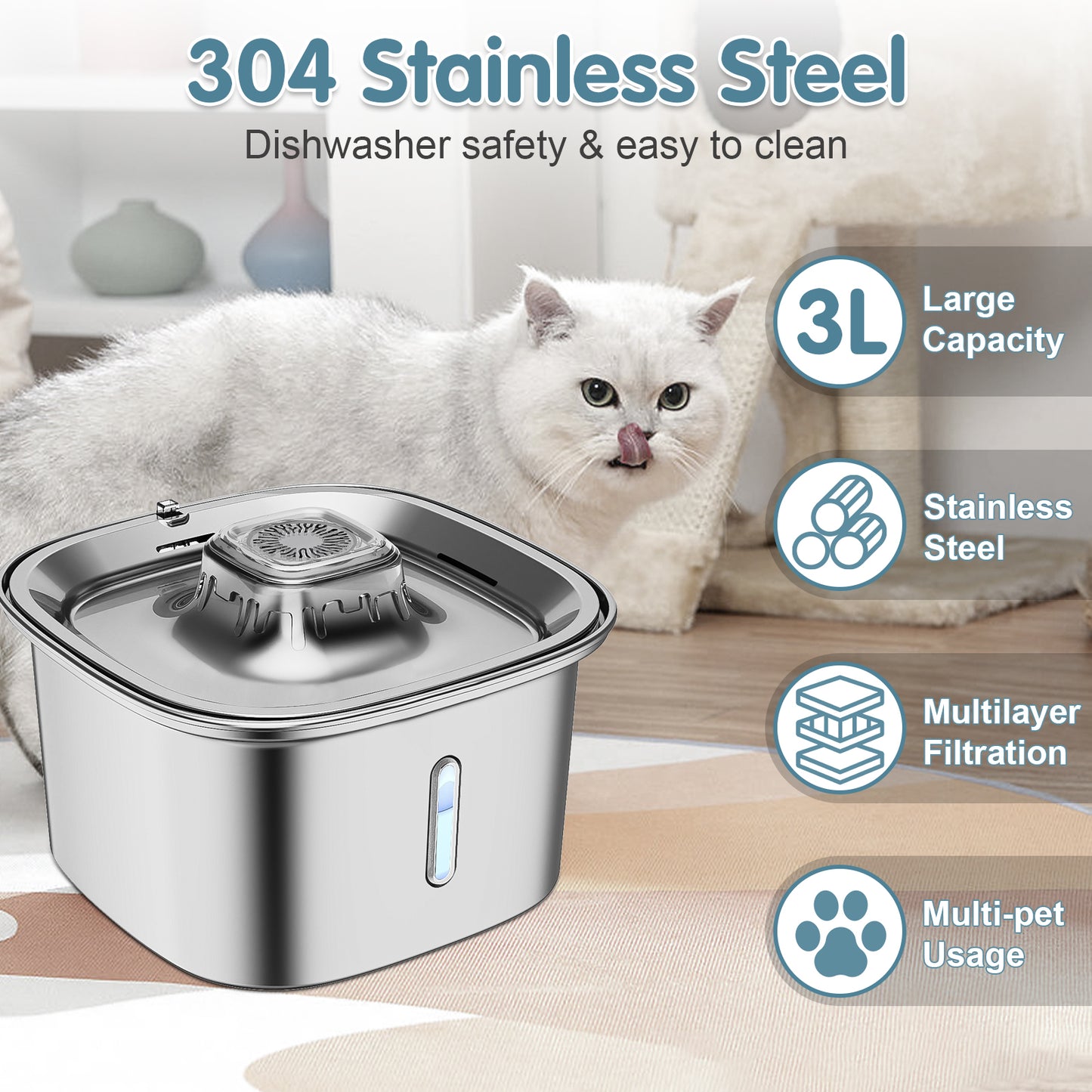 UPSKY Cat Fountain Stainless Steel 100 oz/3 L Cat Fountain Suitable for Drinking Pet Fountain Suitable for Cats Indoor Metal Automatic Dog Water Dispenser Cat Feeding with Water Level Window