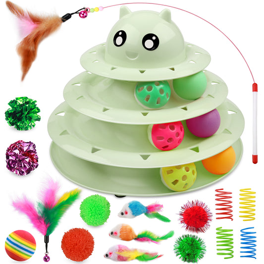UPSKY 20 PCS Cat Toys - 3-Level Turntable Roller With Balls for Indoor Cats, Kitten Set With Teaser, Mice, Spring, and Various Ball Toys
