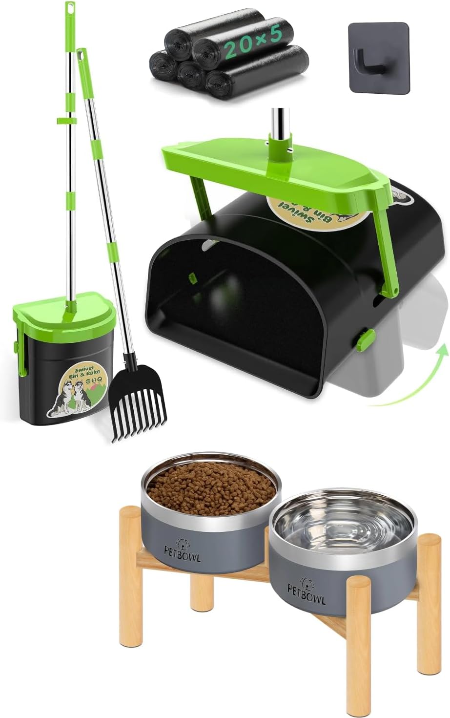 UPSKY Elevated Dog Bowls, Dog Pooper Scooper Swivel Bin & Rake Kit with 100 Waste Bags, 33.4" Stainless Steel Long Handle Heavy Duty Pet Poop Shovel