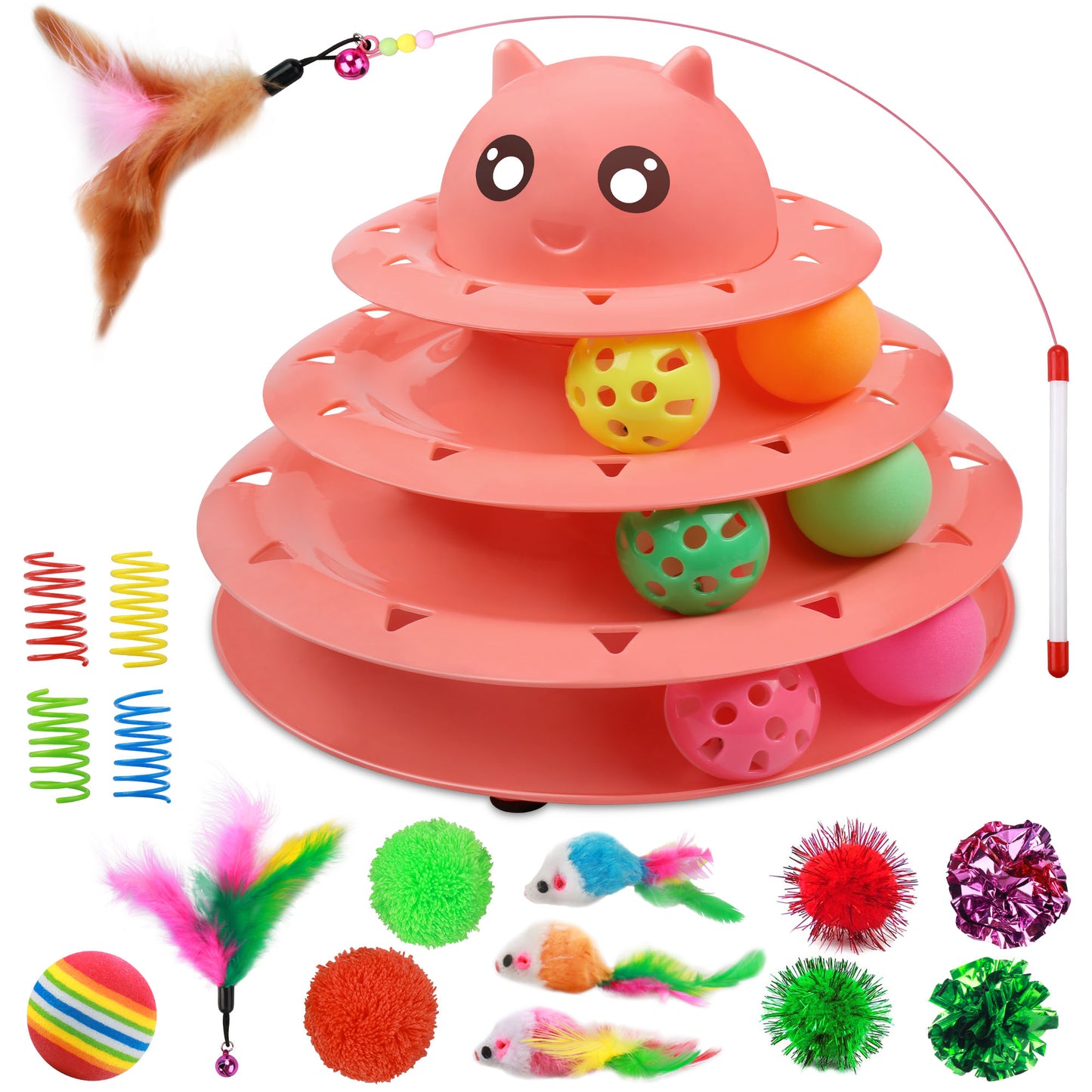 UPSKY 20 PCS Cat Toys - 3-Level Turntable Roller With Balls for Indoor Cats, Kitten Set With Teaser, Mice, Spring, and Various Ball Toys