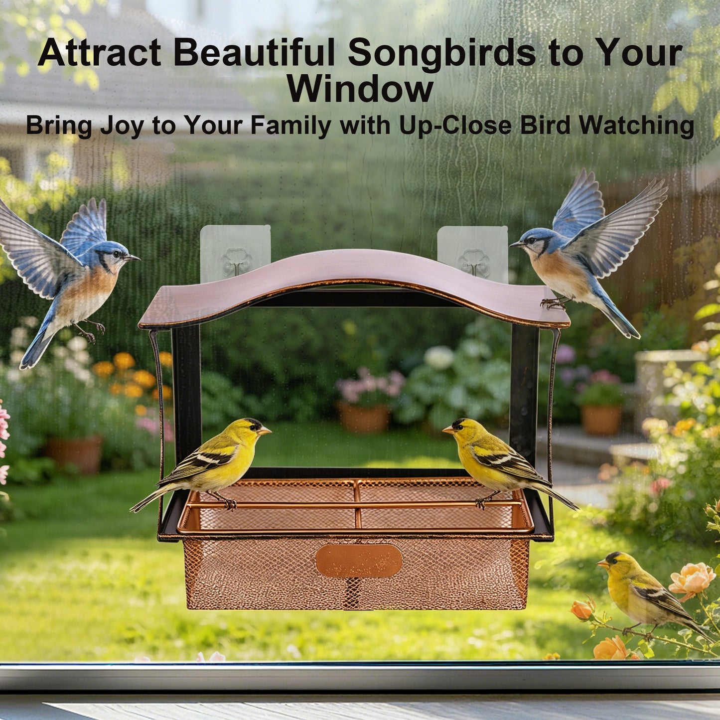 Twinsing Metal Window Bird Feeding Station for Garden Yard with Suction Cups, 5-cup
