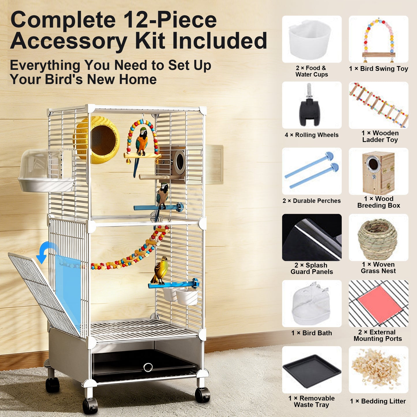 Twinsing Luxury Villa Iron Bird Cage with Breeding Box, White