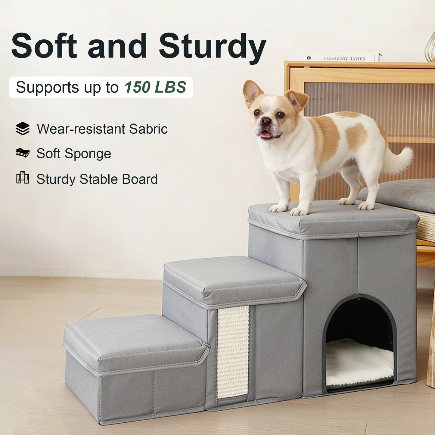 Twinsing 3-in-1 Foldable Collapsible Dog & Cat Stairs with Storage & Bed, Grey, 3 steps